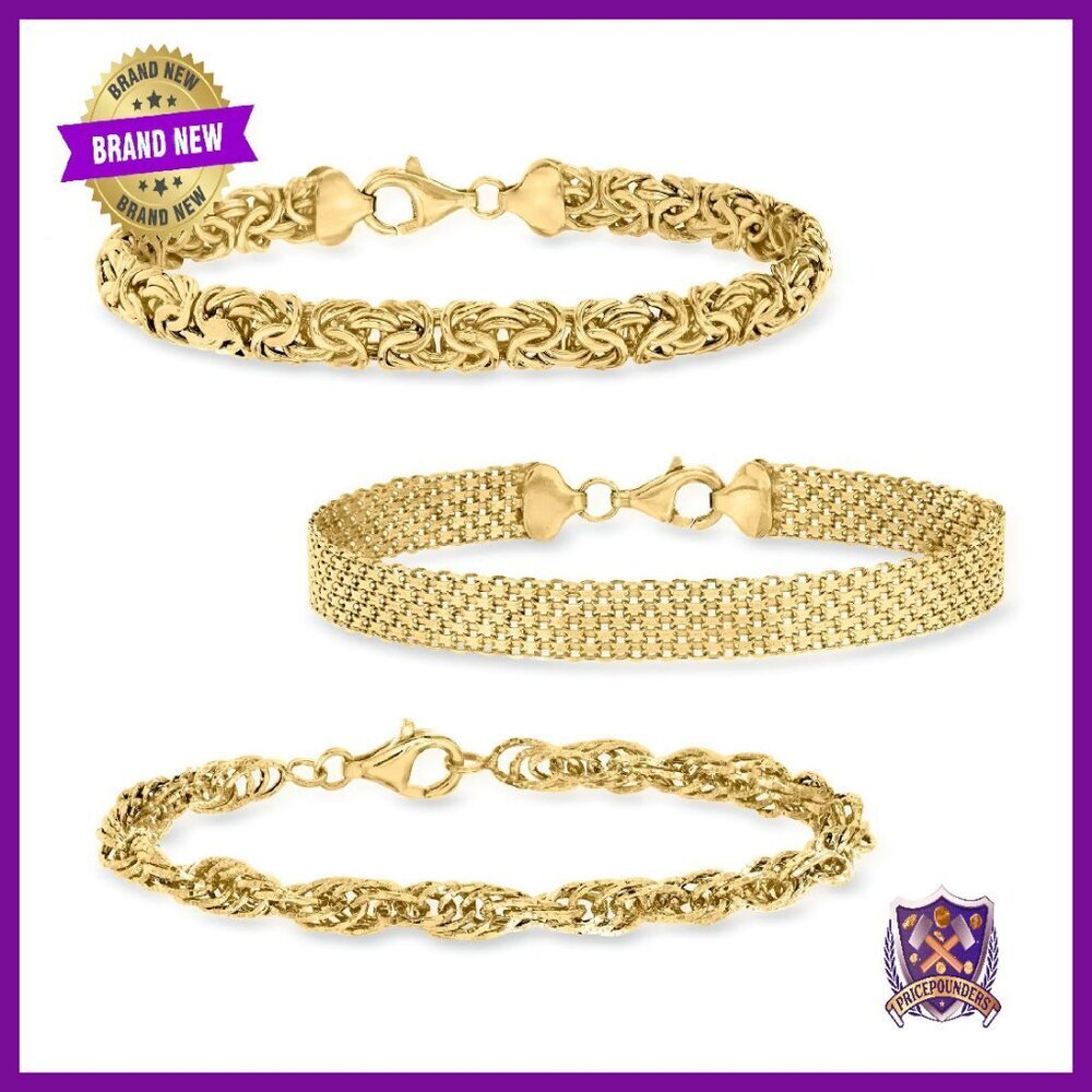 18KT Gold Over Sterling Silver 3 Link Bracelet Set, 8 Inch